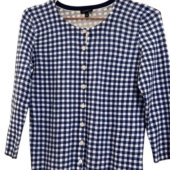 TALBOTS Gingham Cardigan Tank Blue Sweater - Picture 12 of 12